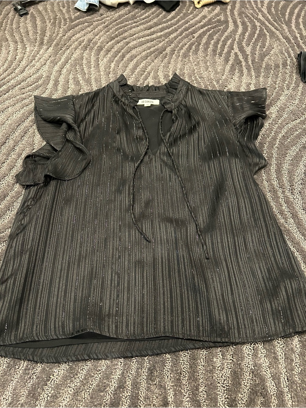 BB Dakota Black Metallic Stripe Ruffle Sleeve Blouse